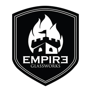 Logo of Empire Glassworks with a shield shape and flame design.